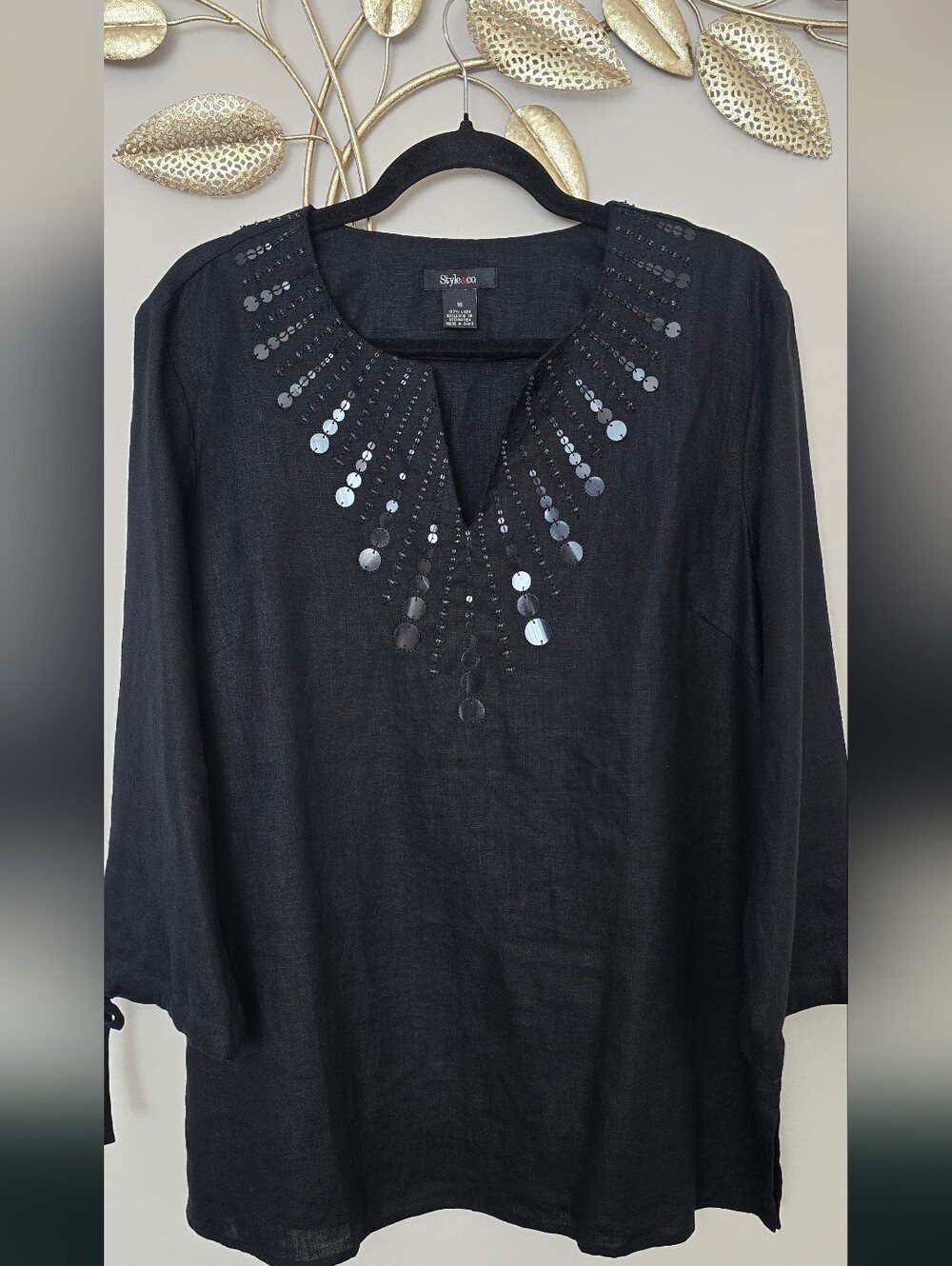 Style & Co. Linen Black Sequin V-Neck Tunic Top Size 16